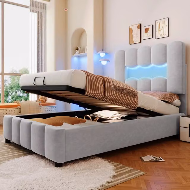 Letto singolo imbottito 90 × 200 cm con vano contenitore idraulico testiera regolabile velluto grigio LED