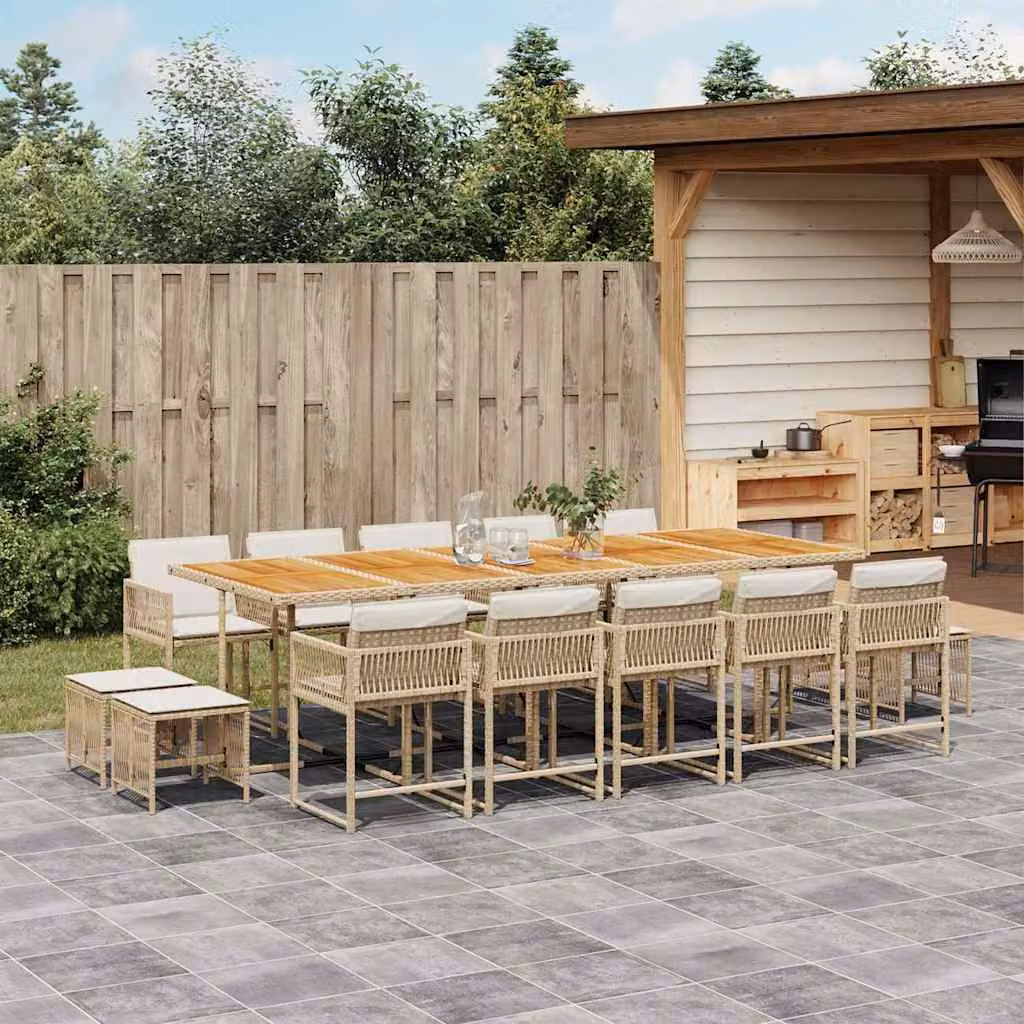 Set da pranzo da giardino vidaXL in polyrattan con cuscini beige e legno di acacia, 15 pezzi