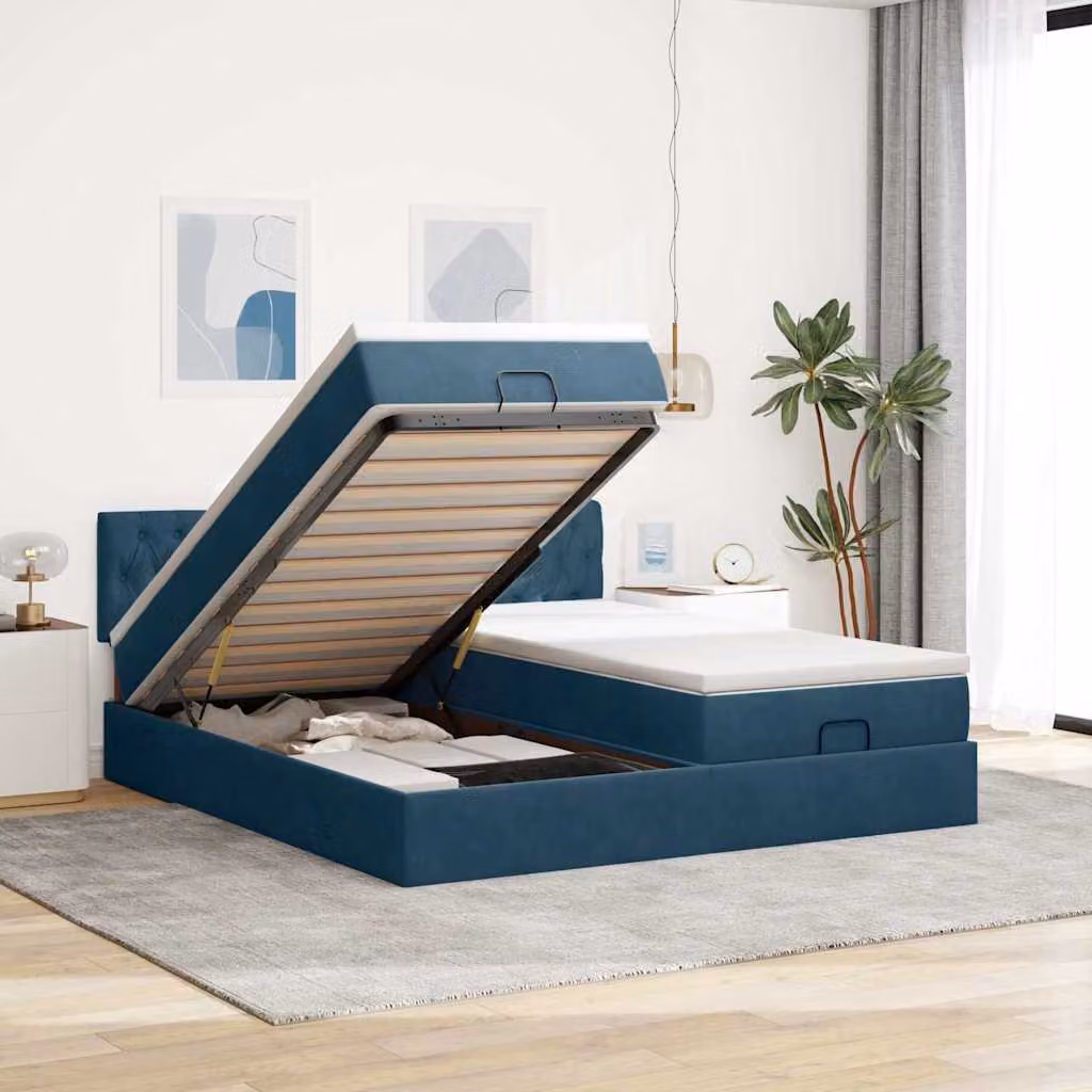 vidaXL Struttura Letto con Contenitore e Materasso in Velluto Blu e Bianco L/P/H: 180 x 200 x 88 cm – 1