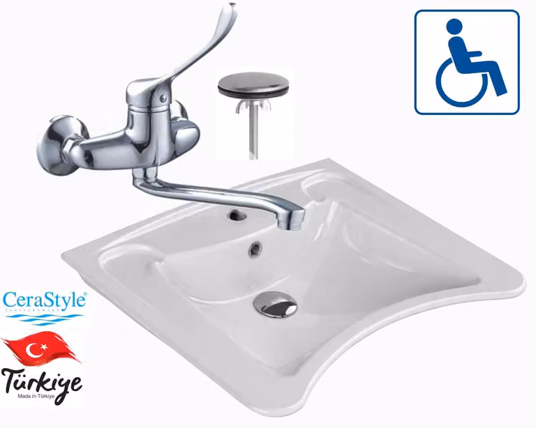 Domotechnika | Lavabo per persone con disabilità - 63 x 50 x 20,5 cm - Bianco - Vetroceramica - Installazione a parete