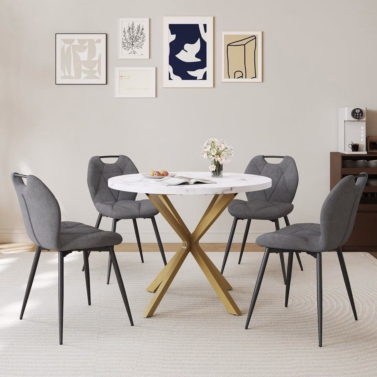 Set da pranzo con tavolo rotondo da 100 cm e 4 sedie imbottite, stile nordico, motivo marmorizzato, colore grigio