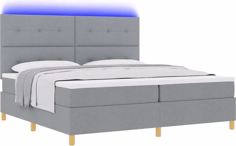 Letto boxspring a LED con testiera grigio chiaro 200 x 200 cm in tessuto