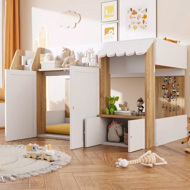 Letto a soppalco singolo Mivray in legno e MDF bianco con struttura a casetta e scala per cameretta dei bambini L/P/H: 206.6 x 90 x 120 cm