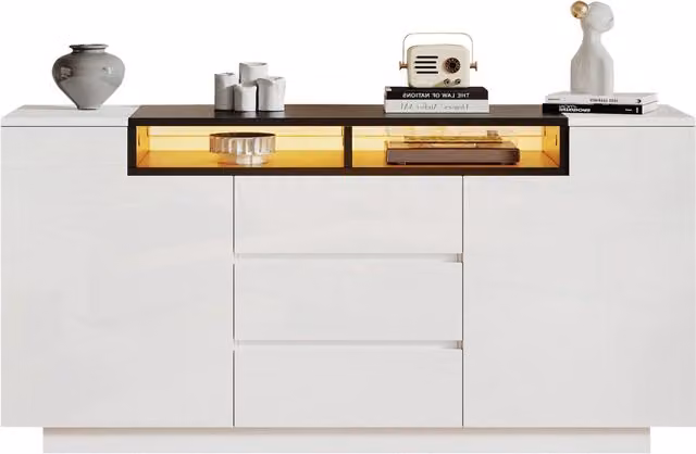Credenza Soggiorno 140 cm con 2 Ante e 3 Cassetti; Mobile con Luci LED; Finitura Lucida; Bianco e Nero