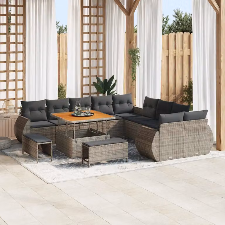 Set Divano da Giardino vidaXL 13 posti Grigio con Cuscini e Tavolino da Esterno