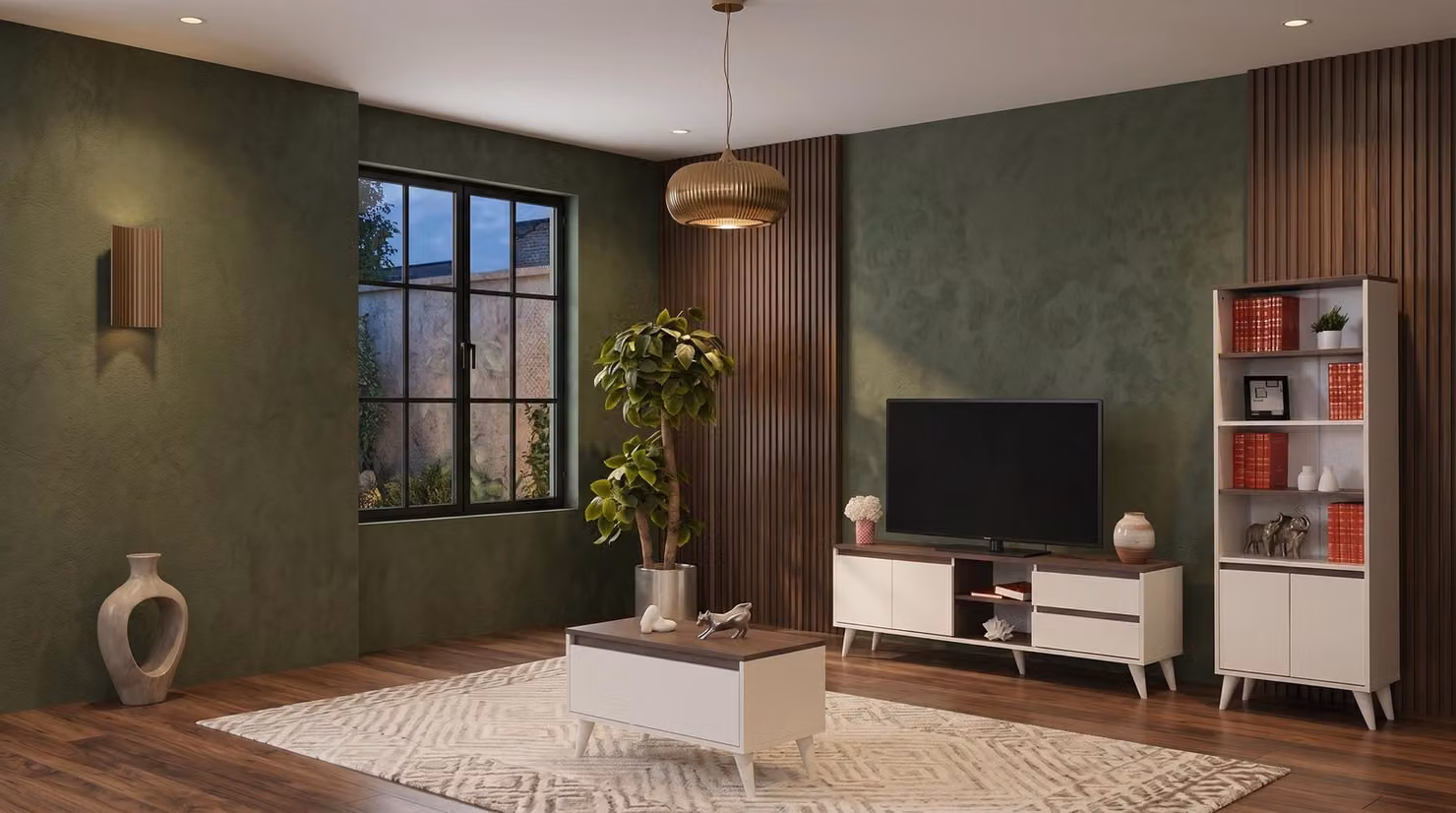 Set di mobili per soggiorno color beige-marrone: mobile TV, tavolino, libreria, angolo TV
