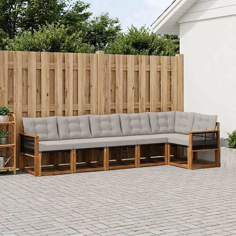 Set di divani da esterno vidaXL a forma di L composto da 6 pezzi in legno di acacia e tessuto textilene, colori beige, grigio e marrone