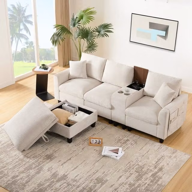 Divano angolare L convertibile 229x149;5x83 cm; 3 posti con 1 pouf mobile; console; portabicchieri; USB; cuscini; velluto a coste; beige