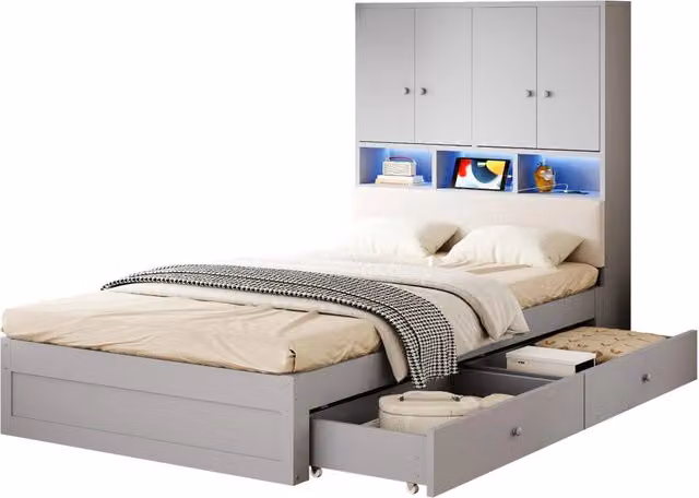 Letto singolo 90x200 cm con cassetti; LED e presa integrata in pino e MDF; grigio