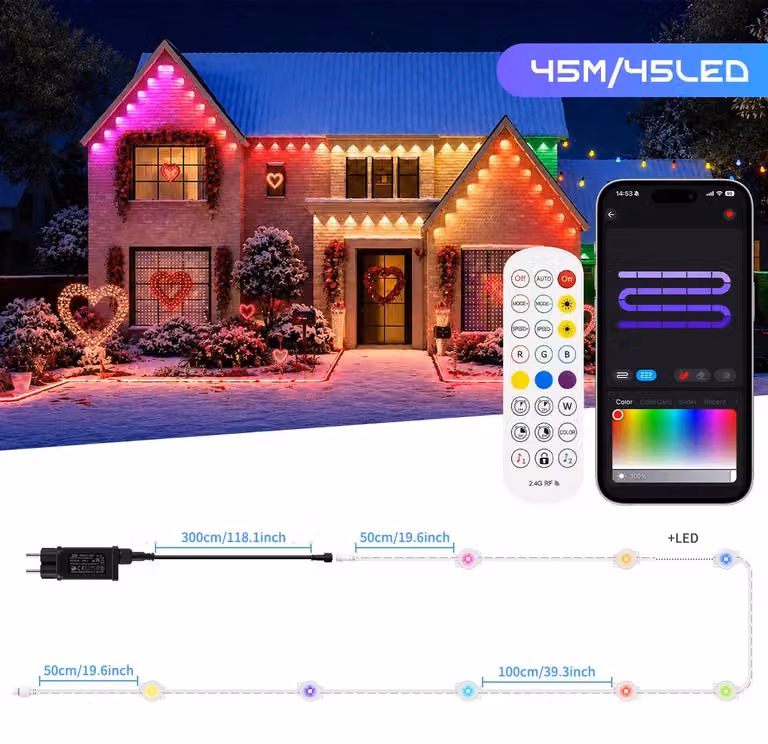 Catena luminosa a LED per esterni - 45 metri, 45 LED - RGBIC - Controllo vocale - Timer - Impermeabile - Illuminazione intelligente per facciate