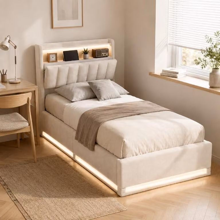 Letto singolo ProximaX, 90x200 cm, rivestito in velluto beige, con illuminazione RGB a LED, prese USB e spazio contenitivo integrato nella testiera