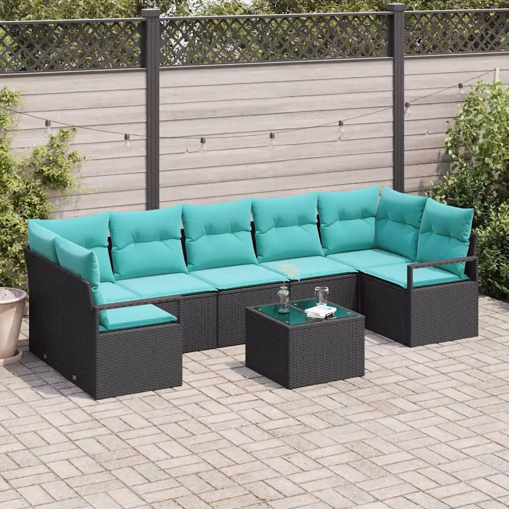 Set di divani da giardino vidaXL a 7 posti con poltrona e tavolino da esterno in rattan nero e turchese