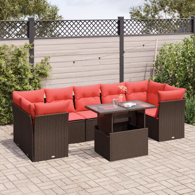 Set Divani da Giardino vidaXL 8 pz a Forma a L con Cuscini e Tavolino, Marrone e Rosso, in Polyrattan e Acciaio con Coperture Rimovibili