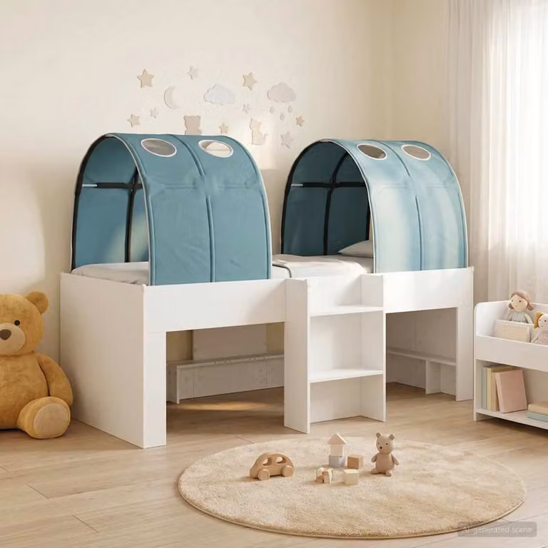 Letto per bambini con tunnel vidaXL in legno ingegnerizzato, Bianco e azzurro, L: 120 cm, P: 203 cm, H: 68,5 cm