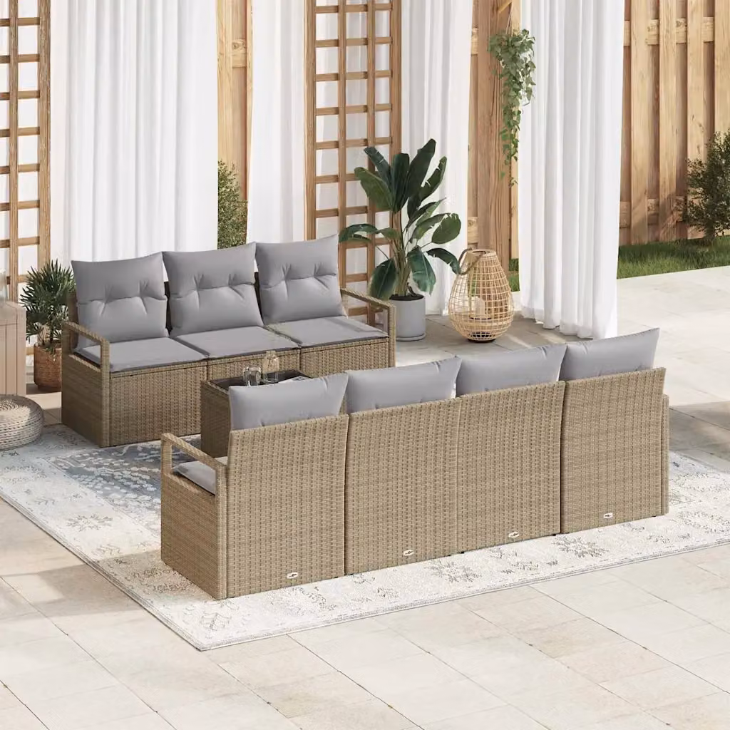 Set di divani da giardino vidaXL 8 pezzi con tavolo in vetro, design moderno a L, colore beige e grigio con poltroncine e struttura in metallo e rattan resistente ai raggi UV