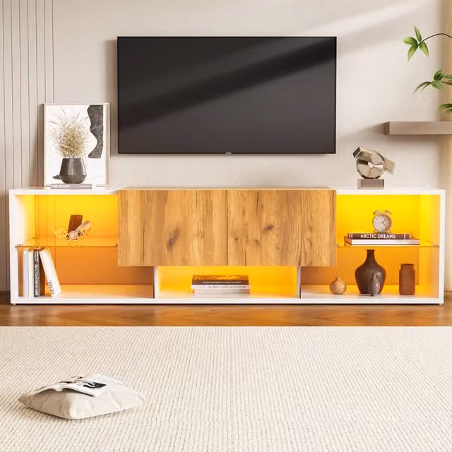 Mobile TV a 3 Ripiani in Truciolato con LED da 160x40x42 cm, Bianco e Legno Naturale, con 2 Cassetti e Ripiano in Vetro, per TV fino a 70 Pollici