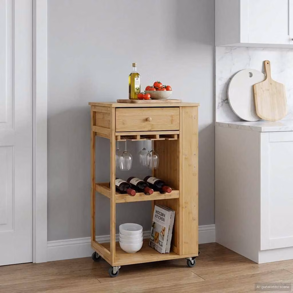 vidaXL Carrello da Cucina Moderno in Bambù con Ruote, Colore Naturale, L 47,5 cm x P 36 cm x H 83 cm