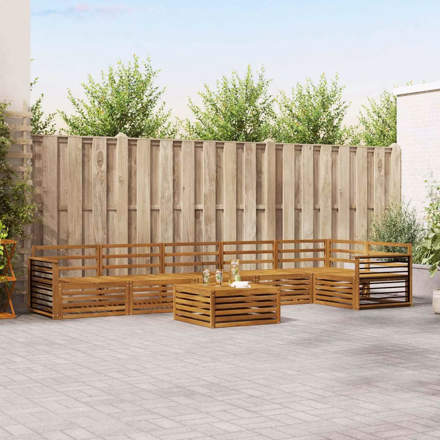 Set di divani da esterno vidaXL 7 pz in legno di acacia marrone con tavolo da caffè e cuscini in stile moderno per giardino e terrazza