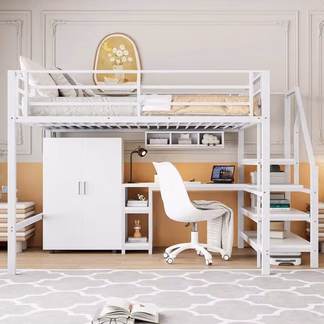 Letto a soppalco 140x200 cm con armadio; scrivania e scala contenitore; in metallo e MDF bianco per cameretta