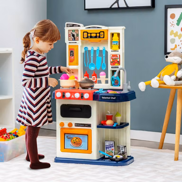 Set da cucina giocattolo Costway con 38 accessori, cappa aspirante con finto vapore e canzoni, colore blu e multicolore