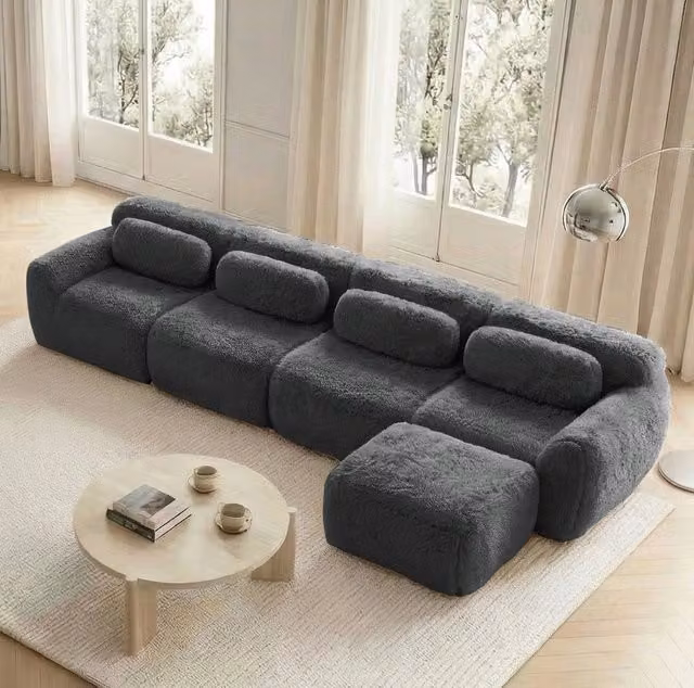Divano modulare angolare a L 4 posti in tessuto peluche grigio; senza montaggio