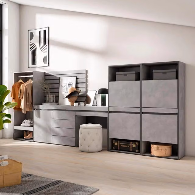 Scarpiera e Armadio Aperto Skraut Home Grigio Cemento, L: 357 cm, P: 35 cm, H: 145 cm – 1