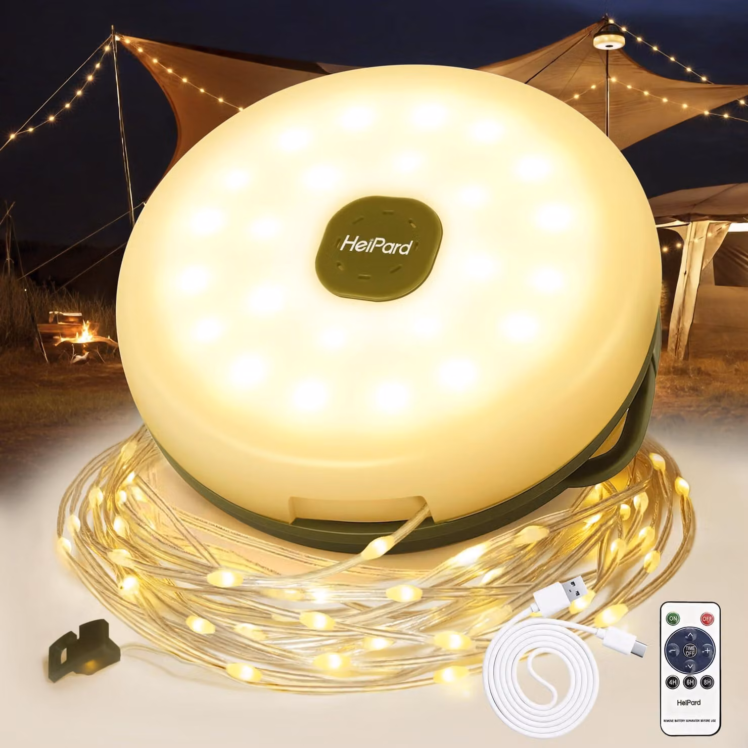 Catena luminosa da campeggio, 10 metri, 4 in 1, alimentazione USB, arrotolabile, grado di protezione IP44