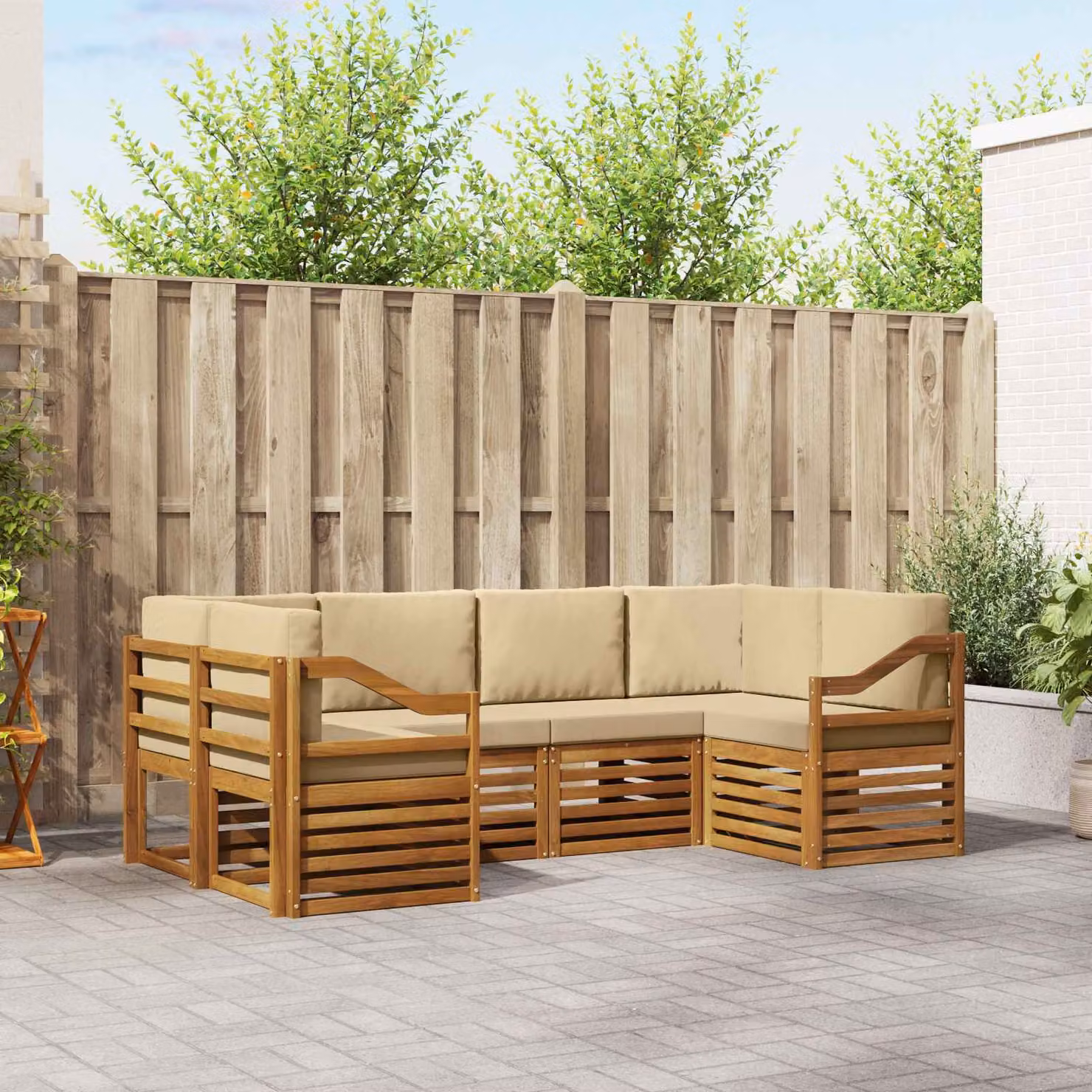 Set di divani da esterno vidaXL 6 pz a forma di L in legno di acacia con cuscini beige e marrone