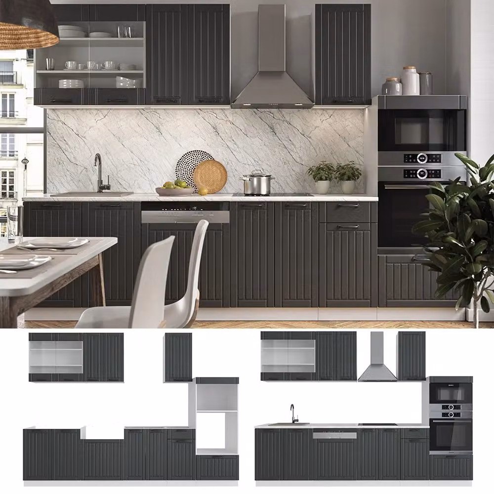 Cucina componibile Fame-Line Vicco in stile rustico, colore antracite e bianco, larghezza 300 cm, con armadio alto e senza piano di lavoro – 2
