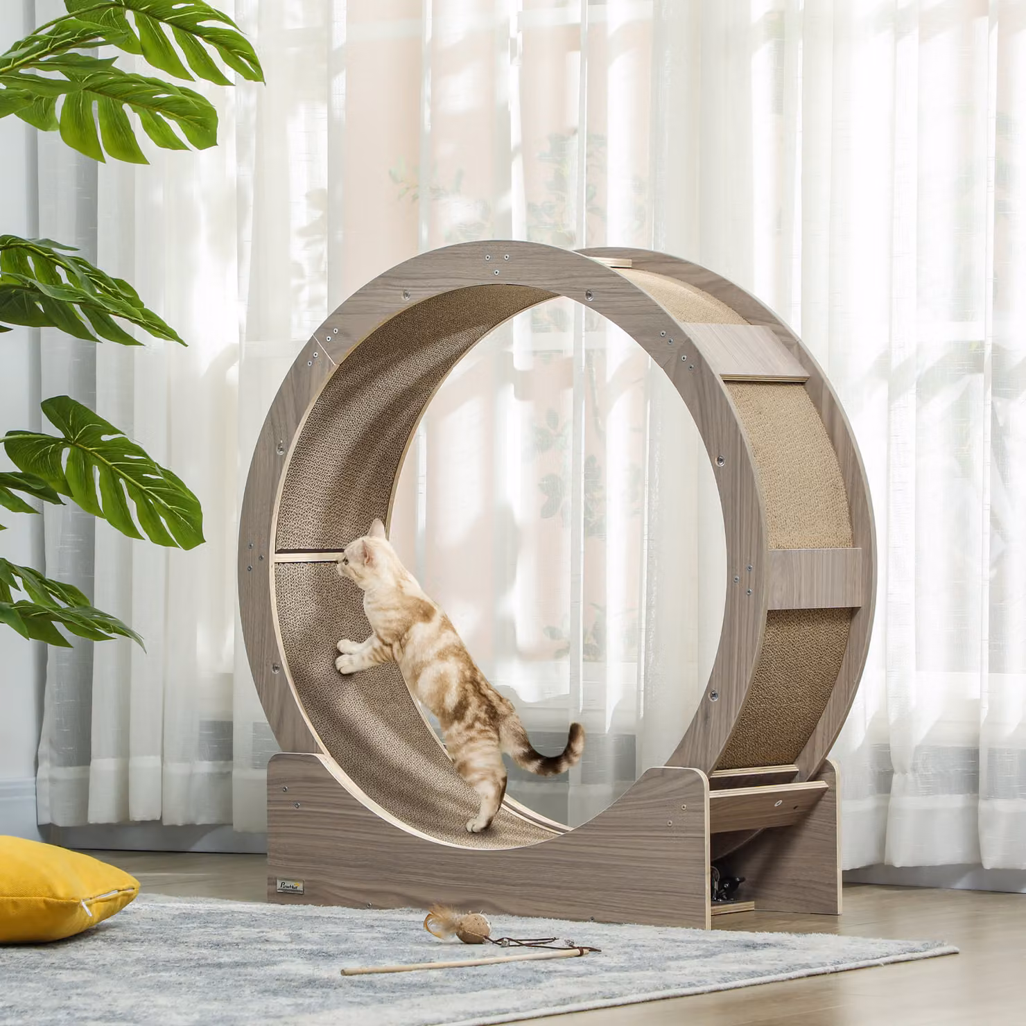 Ruota per gatti PawHut in legno color noce con sisal sostituibile, H 94 cm x L 91 cm x P 33,5 cm – 2