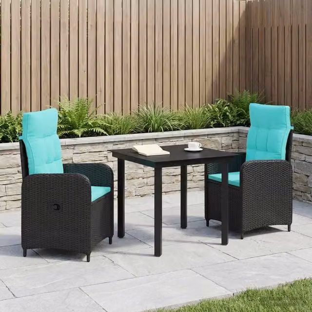 Set da pranzo per giardino e terrazzo vidaXL in polyrattan da 3 pezzi, nero e turchese – 1