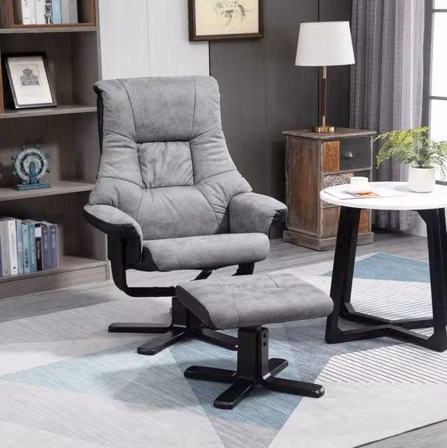 Poltrona relax girevole con poggiapiedi in microfibra grigia, 78x82,5x109 cm, per soggiorno e relax