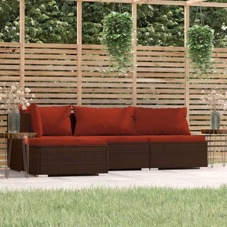 The Living Store Set salotto da giardino 4 pezzi con cuscini in poly rattan marrone