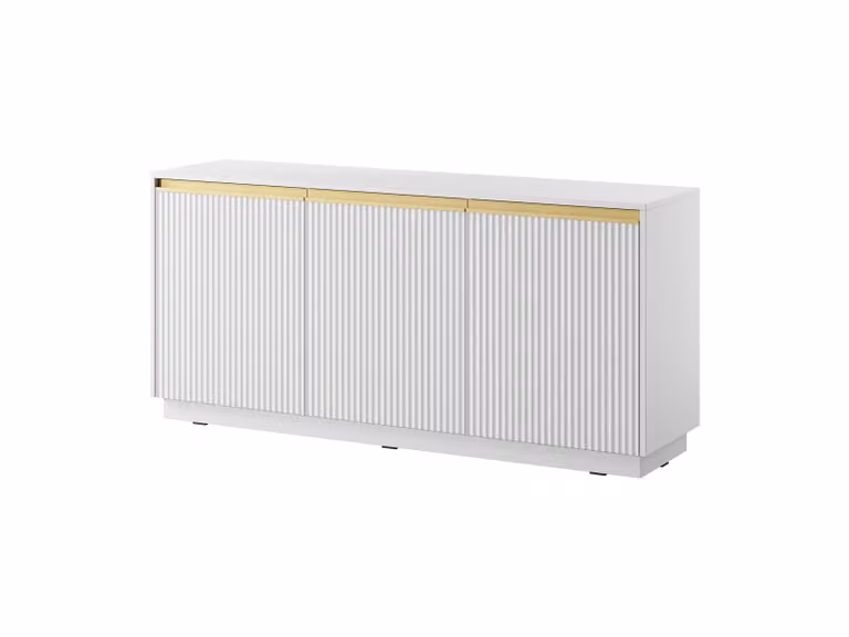 Comò con 3 ante e 6 ripiani, colore bianco opaco, dimensioni 153, 4 x 71, 6 x 39 cm