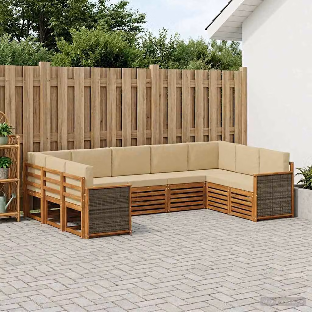 Set di divani da esterno vidaXL 7 pz a forma di L in legno di acacia con cuscini beige e marrone