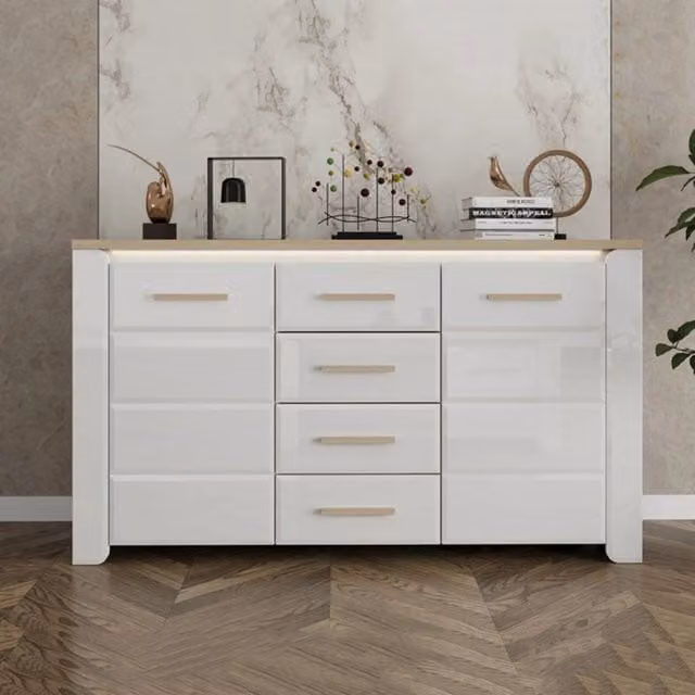 Madia DMORA con 4 cassetti, design moderno in finitura lucida bianco e rovere, L: 154 cm, P: 41 cm, H: 88 cm – 1