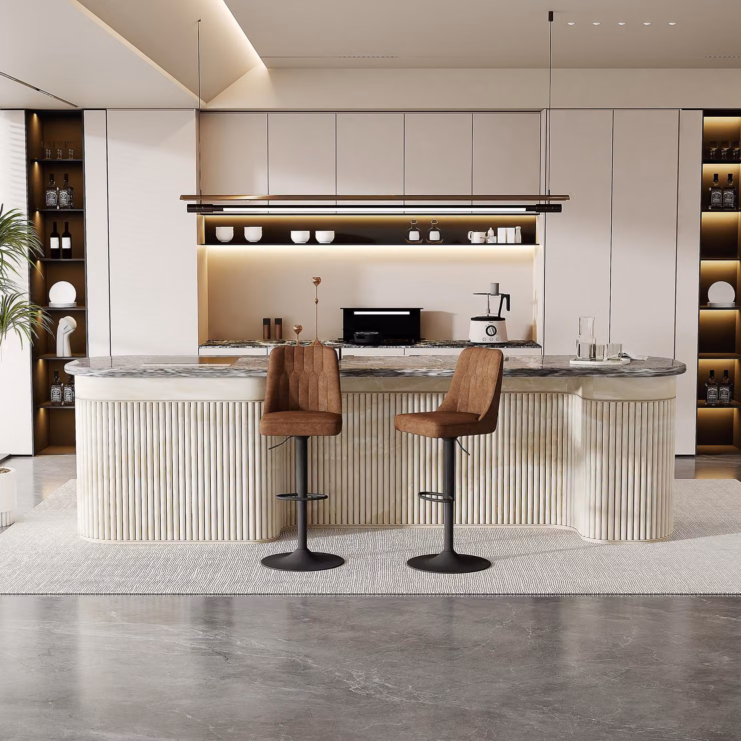Set di 4 sedie da pranzo, con bordo decorativo, rivestite in PU, struttura in metallo, altezza 109 cm (marrone e nero)