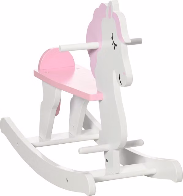 Cavallo a dondolo in legno HOMCOM per bambini, rosa e bianco, L 68 cm x P 27 cm x H 51,5 cm