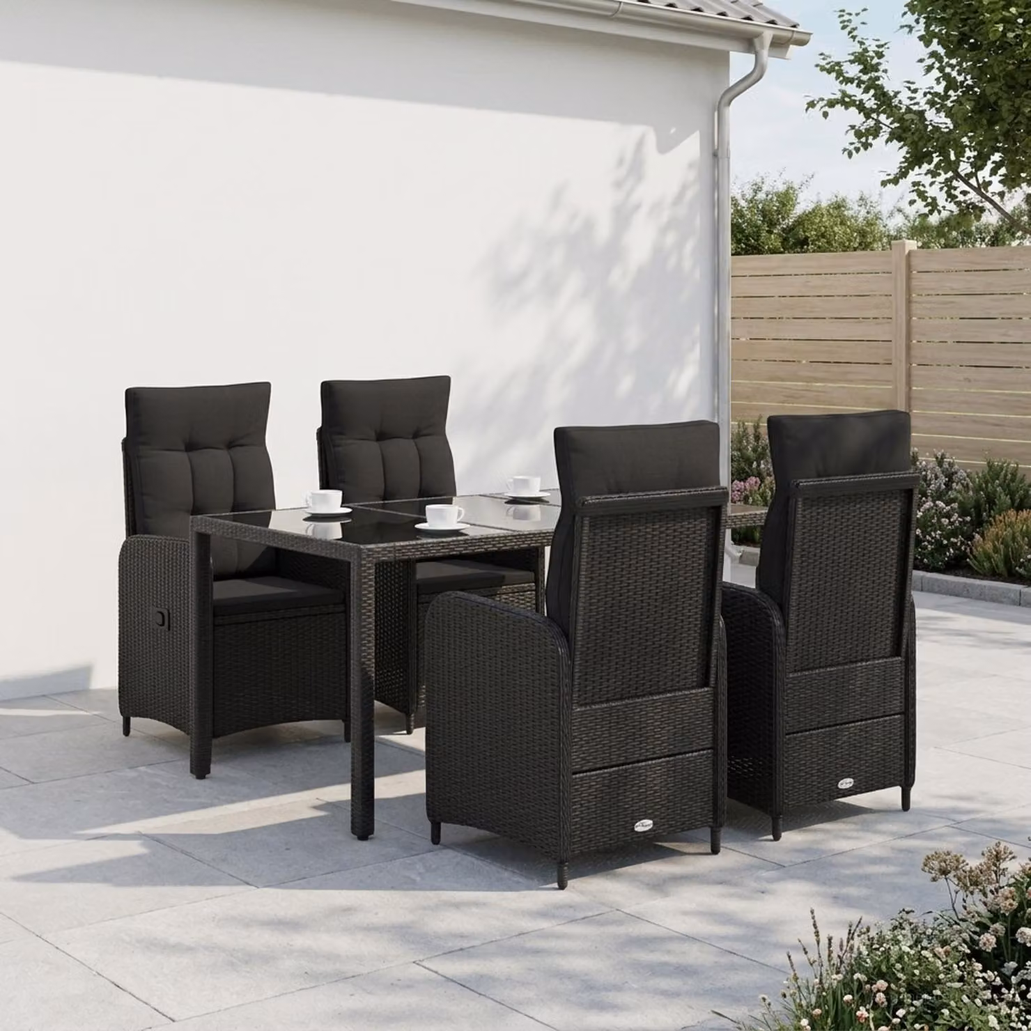 Set da pranzo per esterni vidaXL in polyrattan nero con tavolo in vetro e 4 sedie