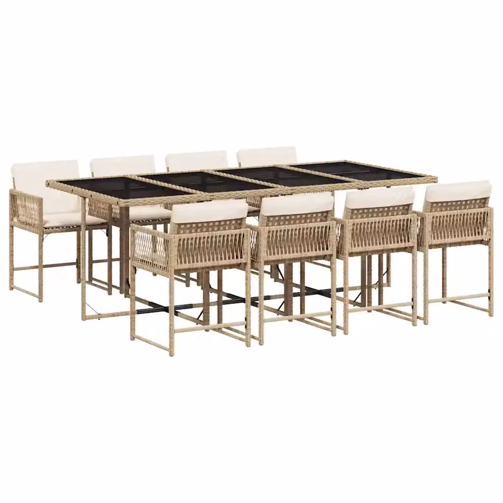 vidaXL Set da Pranzo da Giardino 9 pz in Polyrattan con Cuscini Beige e Piano in Vetro – 2