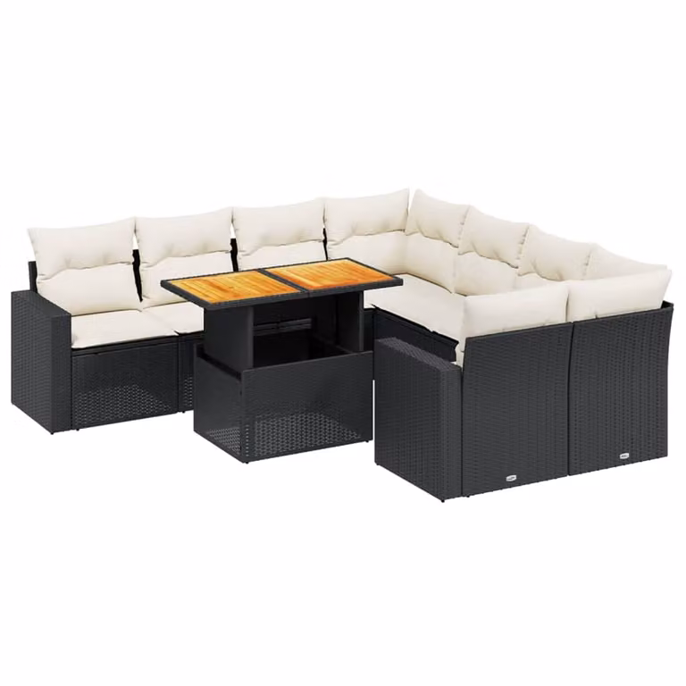 Set Divani da Giardino 9 pz con Cuscini Nero in Polyrattan