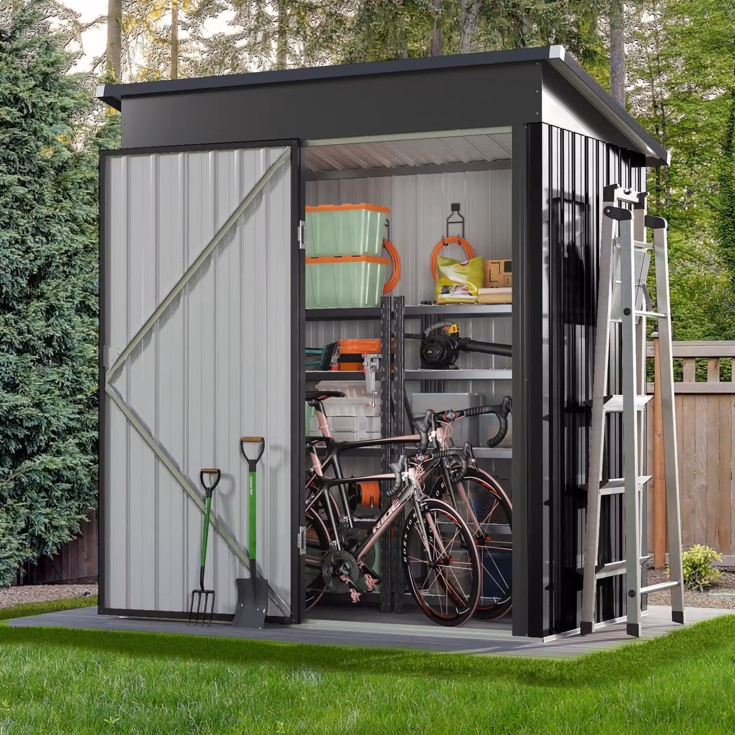 Capanno per attrezzi in metallo, dimensioni 150x91x185 cm, tetto a falda con sistema di ventilazione, colore nero