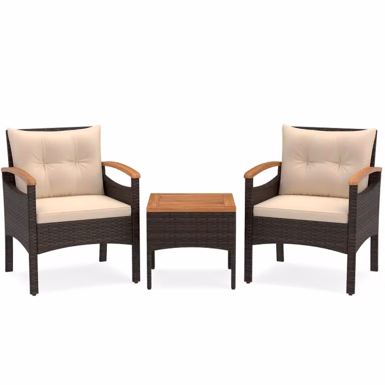 Set di mobili da giardino KOMFOTTEU, composto da 3 pezzi: 2 sedie e un tavolo, ideale per balconi. Set di mobili da esterno in rattan con cuscini per seduta e schienale, perfetto per terrazzi e giardini. Set per balcone, terrazzo e giardino, con schienale