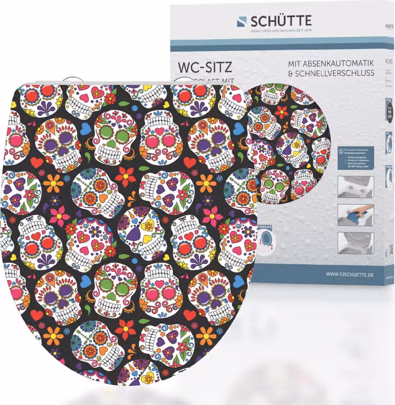 Sedile per WC SCHÜTTE Duroplast HG CRAZY SKULL, sedile per WC con chiusura morbida e sgancio rapido, sedile per WC