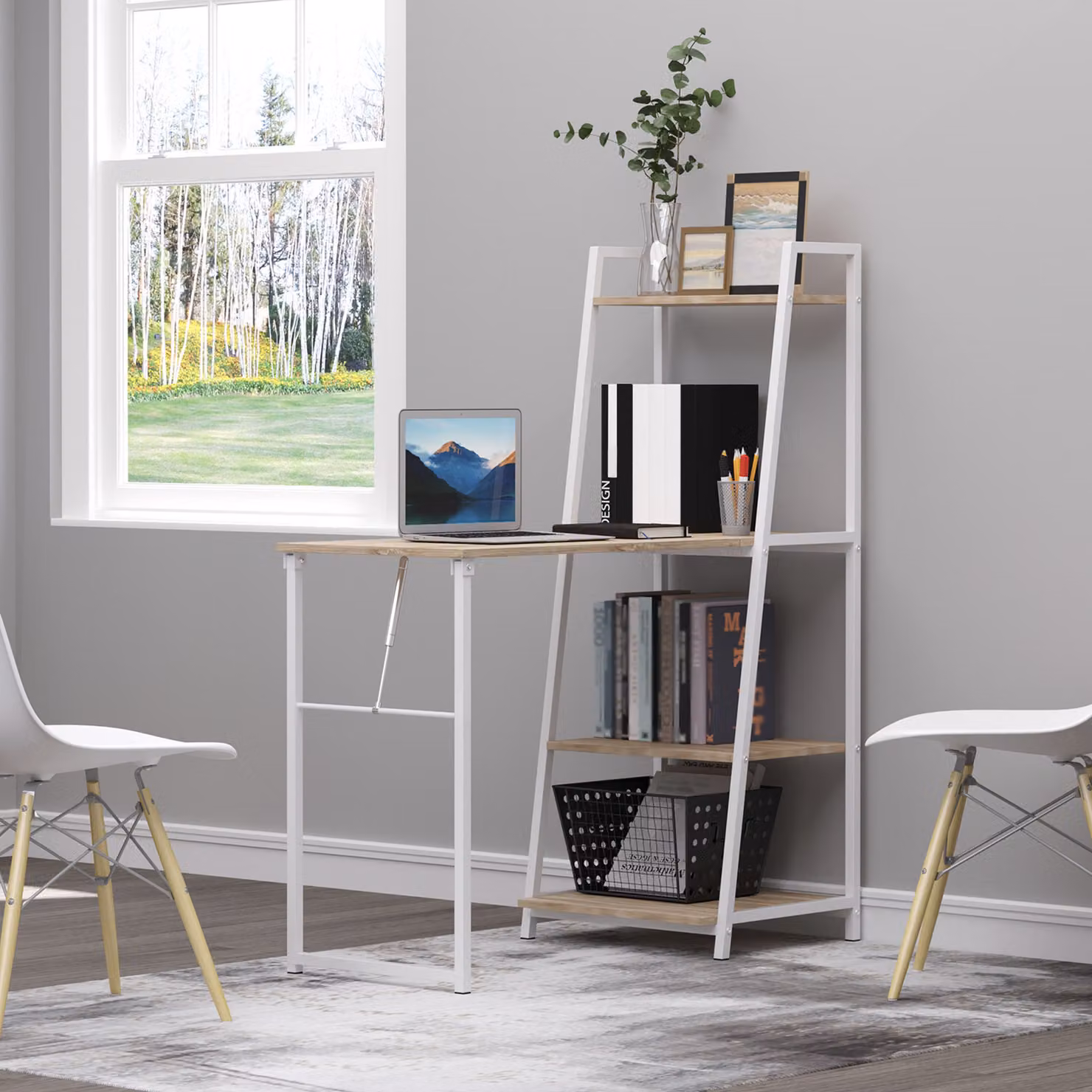 Scrivania con Libreria HOMCOM con 3 Ripiani, Piano Pieghevole in Legno e Telaio in Metallo, Bianco e Rovere, L: 106 cm, P: 48 cm, H: 128 cm – 2