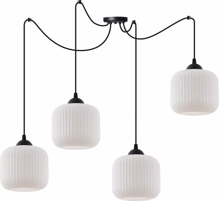 Lampada a sospensione Spider Riffle nera a 4 luci con paralumi cilindrici bianchi E27