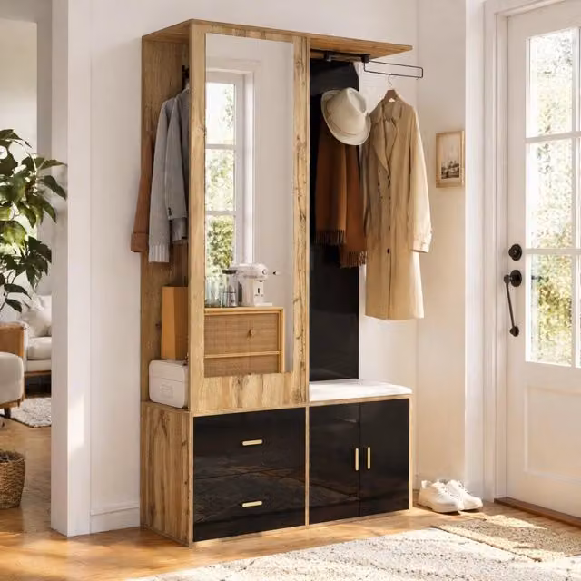 Guardaroba da ingresso ULEVR 100x38x180 cm con specchio, panca imbottita e scarpiera, nero e naturale