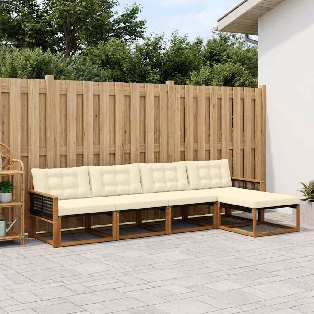 Set di divani da esterno vidaXL a forma di L composto da 5 pezzi in legno di acacia con cuscini in beige, bianco e marrone