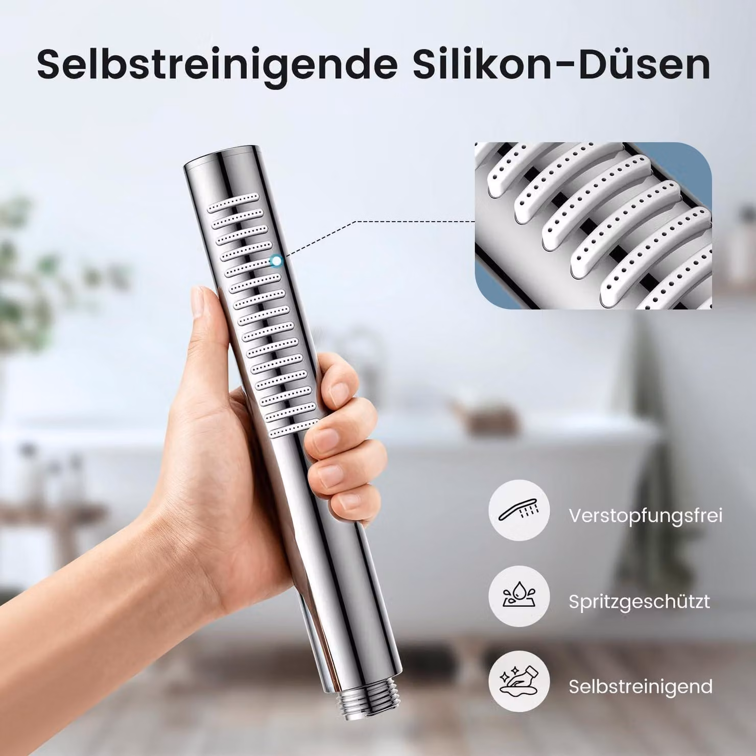 Doccia per vasca da bagno a risparmio idrico, con ugelli in silicone anticalcare, colore argento