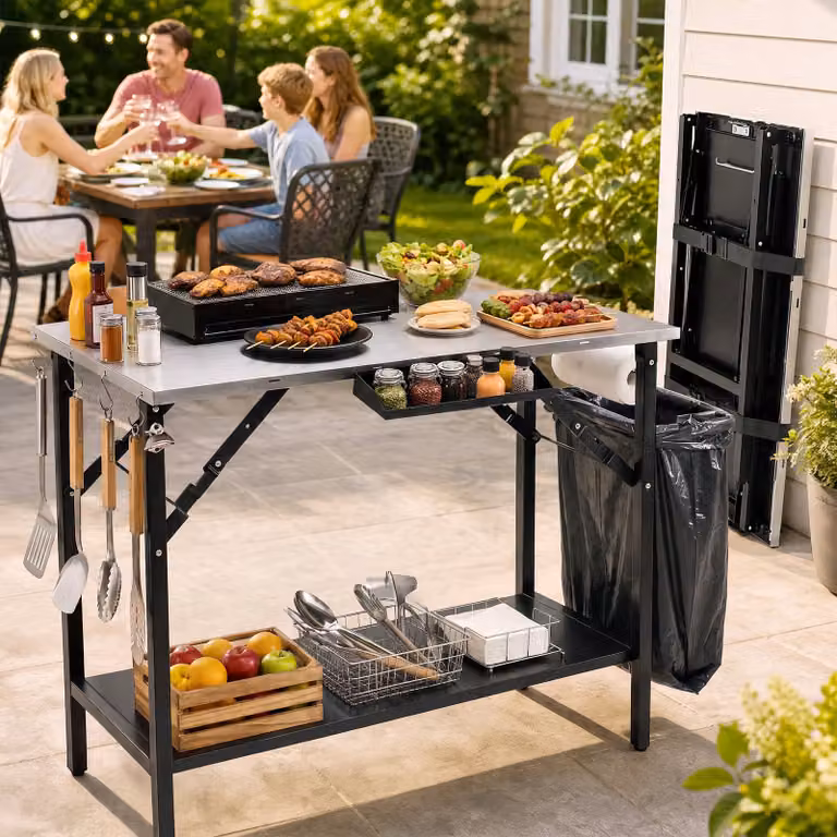 Tavolo da barbecue pieghevole Costway in metallo con ripiano regolabile per esterno, picnic e campeggio, disponibile in nero, argento o grigio